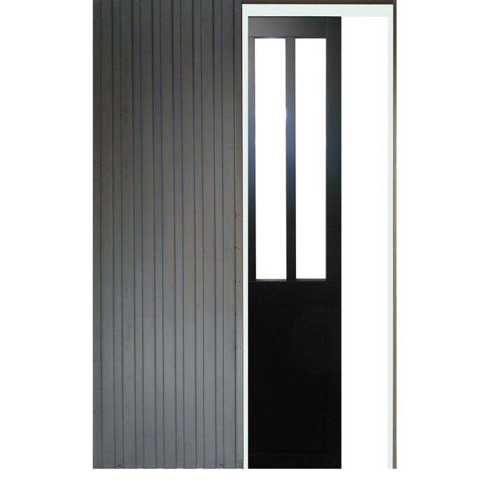 Porte Coulissant Atelier Noir H204 x L73 + SYSTEME de Galandage et kit finition inclus GD MENUISERIES