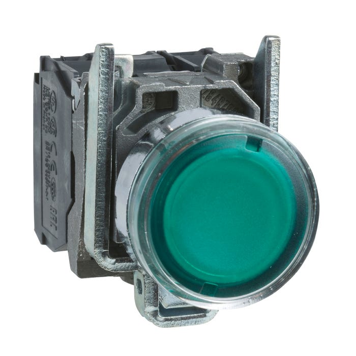 bouton poussoir lumineux - affleurant - 1no + 1nf - vert - 230v - schneider xb4bw33m5