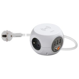 VIMAR 00445.FR.CC.B - Presa multipla con caricatore induttivo senza fili, 3 uscite SICURY, 3 USB, interruttore luminoso, cavo da 1,5 m, spina standard