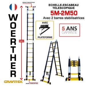 Echelle-escabeau Télescopique 5m/2m50 Woerther Grafitek 2 Barres Stabilisatrices avec Plateforme