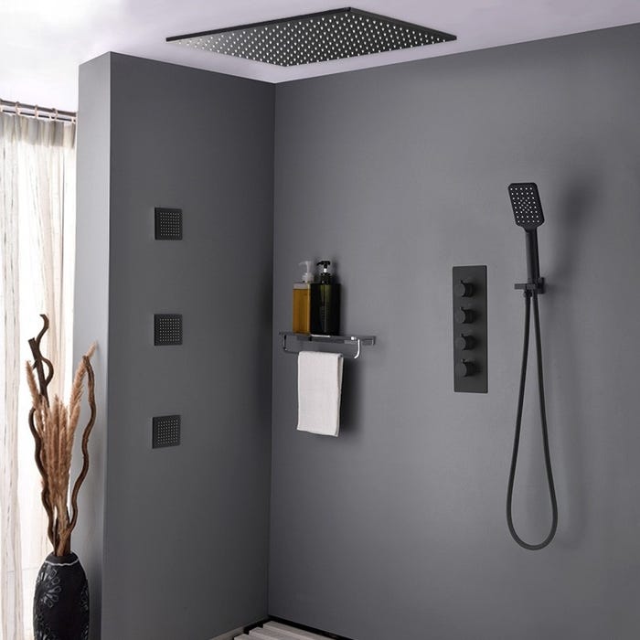 Pack de douche encastré au plafond thermostatique 400 mm - Noir