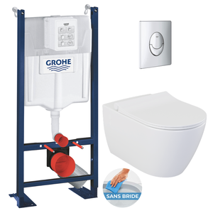 Grohe Pack WC Bâti-support Rapid SL + WC sans bride Bello + Abattant softclose + Plaque Chrome (ProjectBello-2)