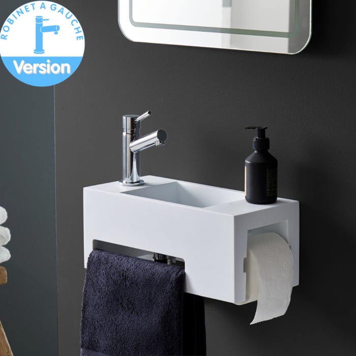 Lave mains en solide surface Maximo 40 x 18 avec dérouleur papier et porte-serviette - robinet à gauche