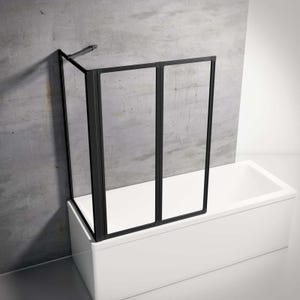 Schulte pare-baignoire rabattable, 89x70x120 cm, 2 volets pliants + 1 paroi angle, sans percer, pivotant à coller, verre 3mm transparent, noir