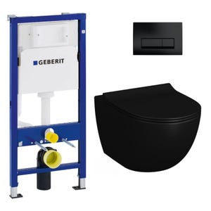 Geberit Pack WC Bâti-support Duofix + WC sans bride Vitra SENTO noir mat + Abattant frein de chute + Plaque noire (BlackSentoGeb-7)