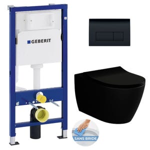 Geberit Pack WC Bati-support Duofix + WC sans bride Livea Bello noir mat + Abattant softclose + Plaque noire (BlackBelloGeb-7)