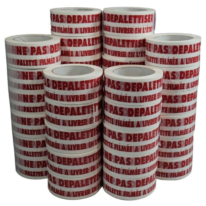Ruban adhésif d'emballage 28µ blanc imprimé "NE PAS DEPALETTISER" en rouge - rouleau d'expédition 50 mm x 100 m - Carton de 36