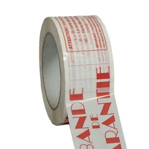 Ruban adhésif d'emballage 28µ blanc imprimé "BANDE DE GARANTIE" en rouge - rouleau adhésif d'expédition 50 mm x 100 m