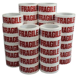 Ruban adhésif d'emballage 28µ blanc imprimé "FRAGILE" en rouge - rouleau adhésif d'expédition 50 mm x 100 m - Carton de 36