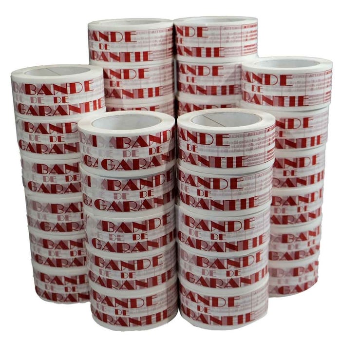 Ruban adhésif d'emballage 28µ blanc imprimé "BANDE DE GARANTIE" en rouge - rouleau d'expédition 50 mm x 100 m - Carton de 36