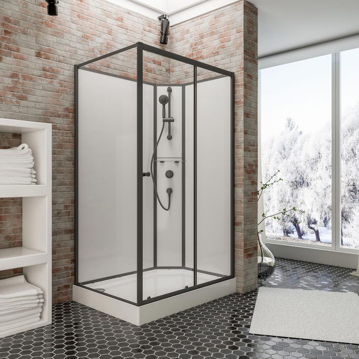 Schulte cabine de douche intégrale complète avec porte coulissante, verre 5 mm, 90 x 120 cm, paroi latérale à gauche, ouverture vers la droite, Tahiti