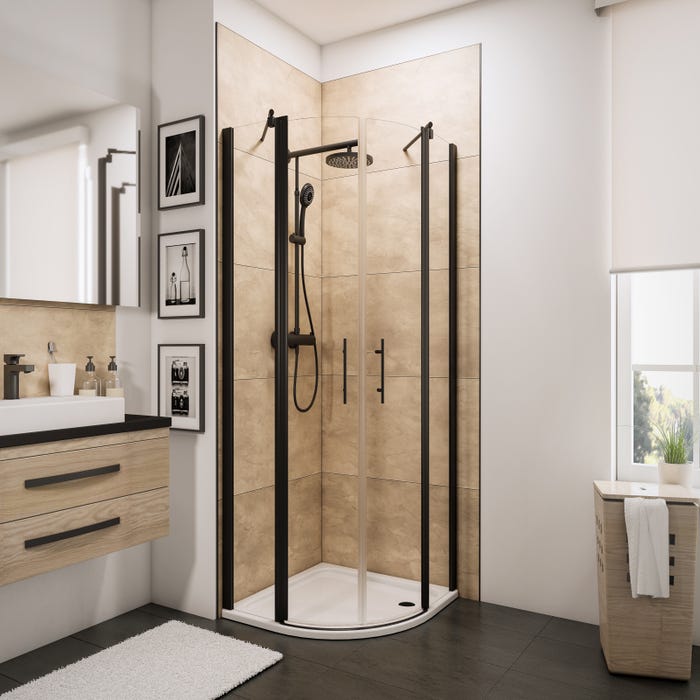 Schulte paroi de douche acces d'angle arrondi avec portes battantes, 80 x 80 x 192 cm, verre 5 mm transparent anticalcaire, noir, style industriel