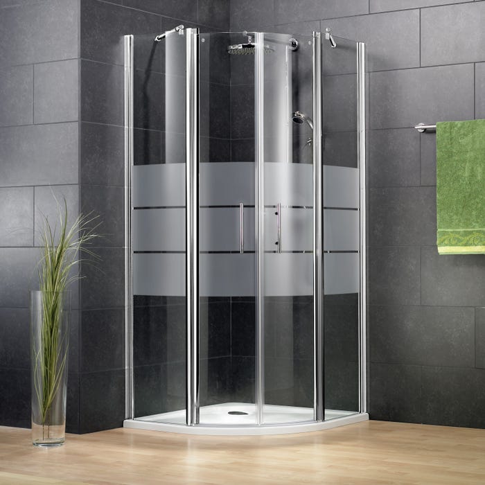 Schulte paroi de douche acces d'angle arrondi avec portes battantes, 90 x 90 x 192 cm, verre anticalcaire sablé au milieu, aspect chromé à clipser