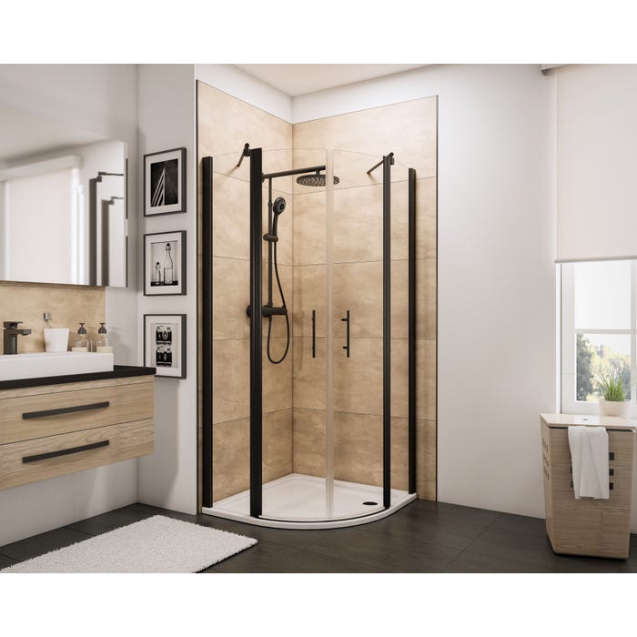 Schulte paroi de douche acces d'angle arrondi avec portes battantes, 90 x 90 x 192 cm, verre 5 mm transparent anticalcaire, noir, style industriel