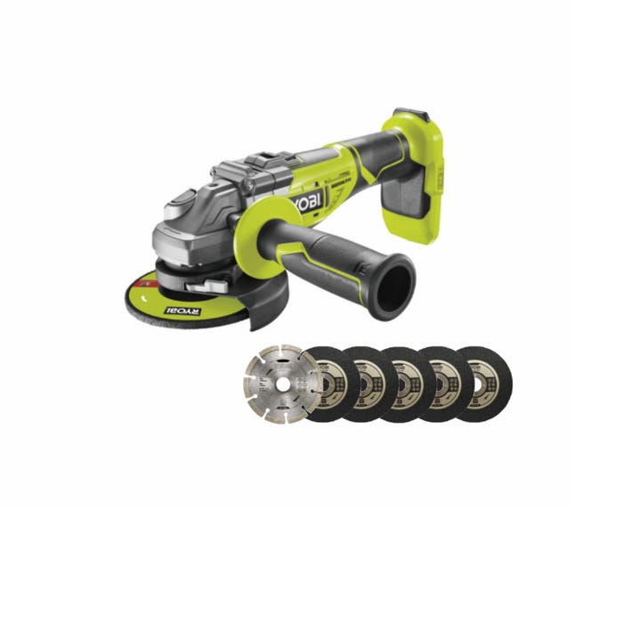 Pack RYOBI Meuleuse d'angle brushless 18 V One+ - sans batterie ni chargeur R18AG7-0 - Kit 6 disques 125 mm