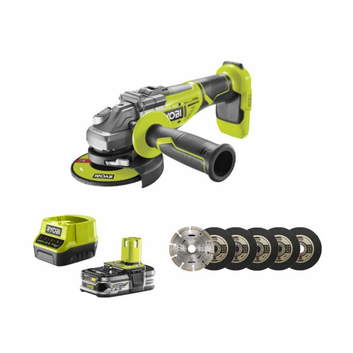 Pack RYOBI Meuleuse d'angle brushless 18V One+ R18AG7-0 - 1 Batterie 2.5Ah - 1 Chargeur rapide - kit 6 disque 125 mm