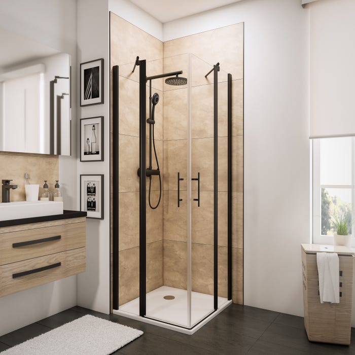 Schulte paroi de douche acces d'angle droit avec portes battantes, 90 x 90 x 190 cm, verre 5 mm transparent anticalcaire, noir, style industriel