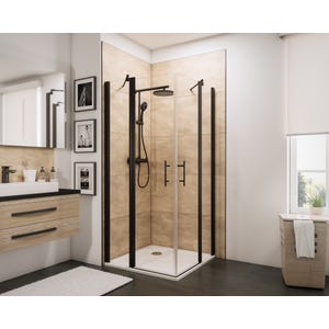 Schulte paroi de douche acces d'angle droit avec portes battantes, 90 x 90 x 190 cm, verre 5 mm transparent anticalcaire, noir, style industriel