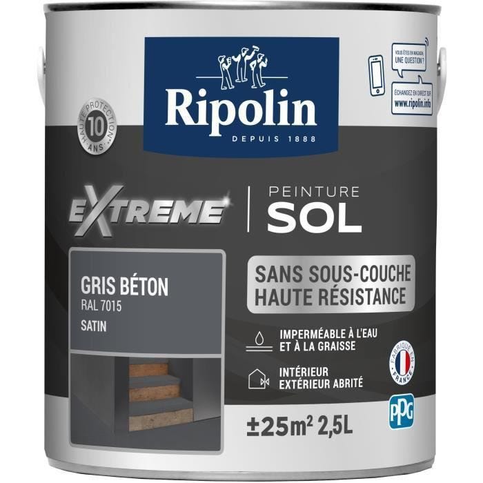 Ripolin Peinture Pour Sol Interieur + Exterieur - Gris Beton Ral 7015 Satin, 2,5l