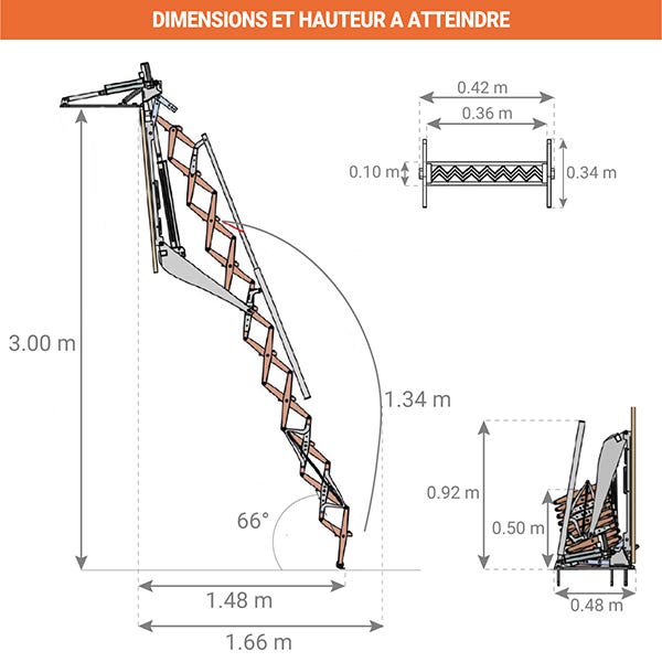 Escalier escamotable mural électrique - Trappe : 80x120cm - Hauteur max 3.00m - FGM/80/120
