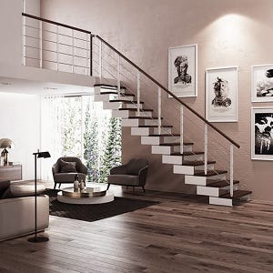 Escalier droit 11 marches - Hauteur à franchir de 2.10m à 2.64m - Largeur 75cm - Couleur bois et blanc - Rampe horizontale - COMPO75/I/BB-RH-11