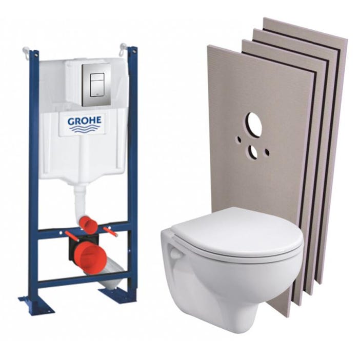 Grohe Pack WC autoportant + WC suspendu KOLO by Geberit + Abattant en Duroplast + Plaque chrome + Set Habillage (ProjectRekord-1-sabo)