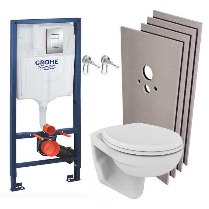 Grohe Pack WC bâti-support Rapid SL + WC Porcher sans bride + Abattant + Plaque + Set d'habillage (RapidSL-PorcherRimless-sabo)