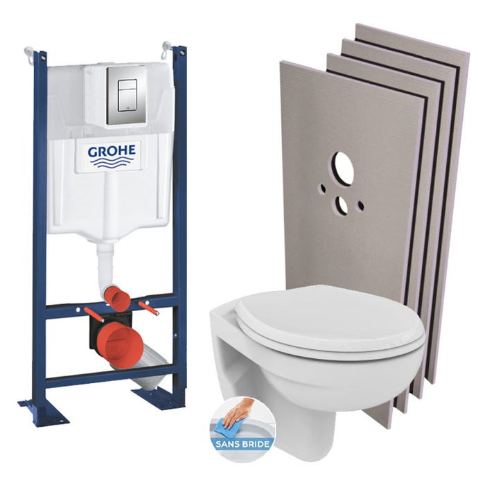 Grohe Pack WC bâti-autoportant + WC Porcher sans bride + Abattant + Set d'habillage + Plaque chrome (ProjectPorcher-1-sabo)
