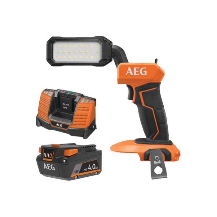 Pack AEG 18V - Lampe torche LED pivotante 800 lumens - Batterie 4.0 Ah - Chargeur