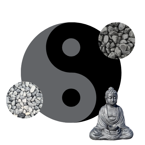 Kit Yin-Yang Galets gris foncé & gris clair + Statue Bouddha + Bordures de jardin