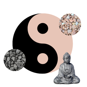 Kit Yin-Yang Galets gris foncé & corail + Statue Bouddha + Bordures de jardin