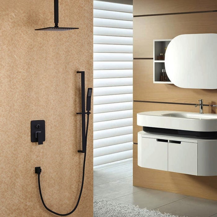 Tête de douche à fixation au plafond et système de douchette à glissière en noir 200 mm