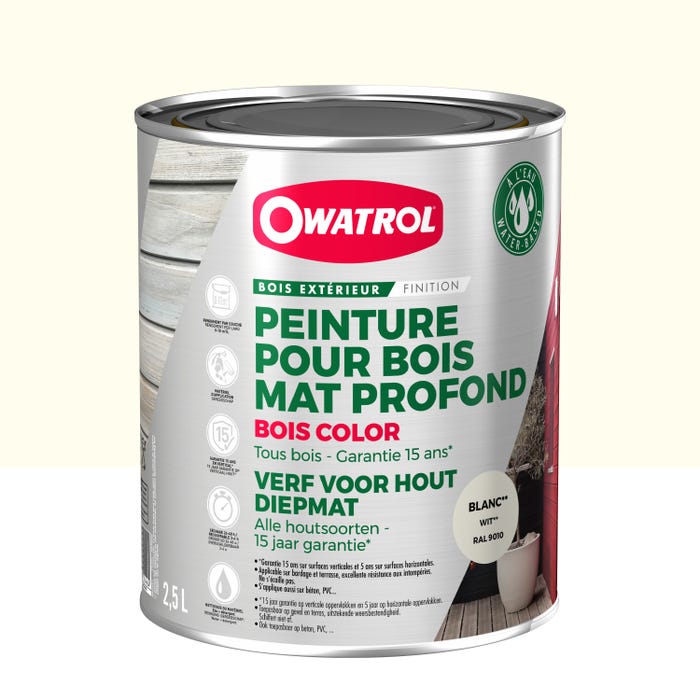 Peinture pour bois extérieur opaque - Finition Mate Owatrol BOIS COLOR Blanc RAL 9010 2.5 litres