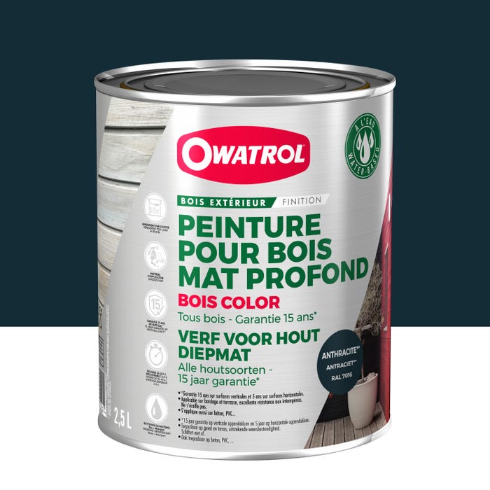 Peinture pour bois extérieur opaque - Finition Mate Owatrol BOIS COLOR Gris Anthracite RAL 7016 2.5 litres