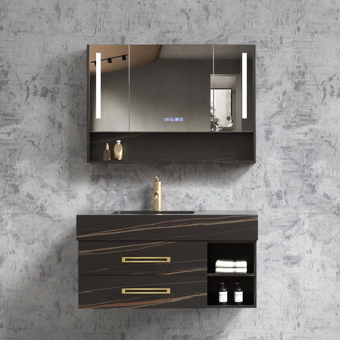 Meuble de salle de bain suspendu Noir avec motif doré - 120 cm - Jaipur