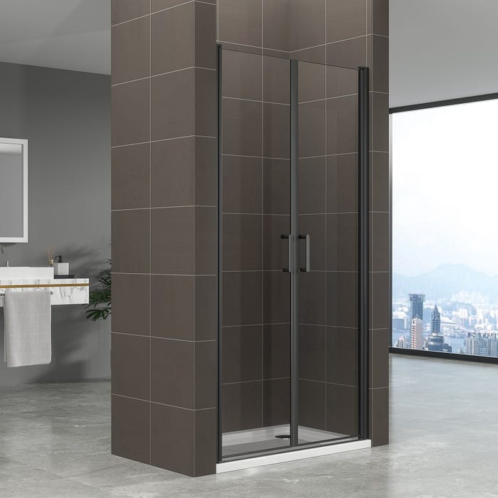 KIMIBLACK Porte de douche battante H 190 cm noir largeur réglable 100 à 103 cm verre transparent