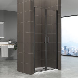 KIMIBLACK Porte de douche battante H 190 cm noir largeur réglable 82 à 85 cm verre transparent