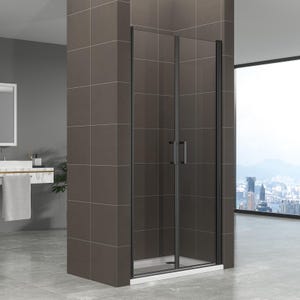 KIMIBLACK Porte de douche battante H 180 cm noir largeur réglable 73 à 76 cm verre transparent