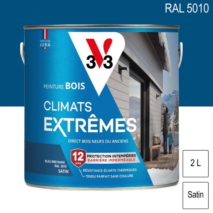 Peinture bois extérieur Climats Extrêmes RAL 5010 Bleu bretagne satin 2L V33