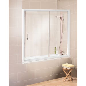 Schulte pare-baignoire coulissant en niche, 150 x 150 cm, paroi de baignoire mobile extensible, 2 volets, verre transparent, profilé blanc