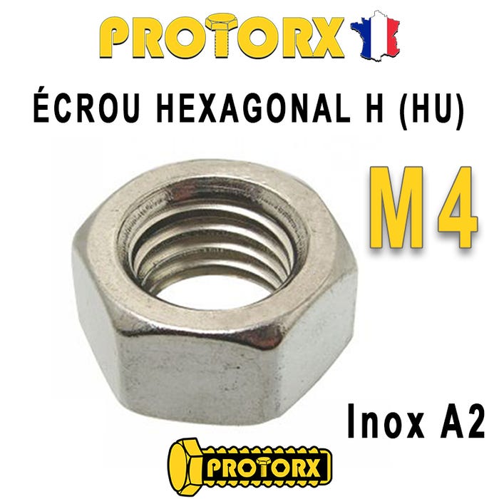 ÉCROU HEXAGONAL H (HU) : M4 x 20pcs | Acier Inoxydable A2 (Diam. Intérieur : 4mm | Diam. Extérieur : 7mm) Bricolage-Réparation Norme DIN934 NFE25514