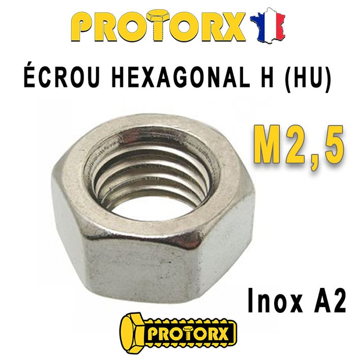 ÉCROU HEXAGONAL H (HU) : M2,5 x 20pcs | Acier Inox A2 (Diam. Intérieur : 2,5mm | Diam. Extérieur : 5mm) Bricolage-Réparation Norme DIN934 NFE25514