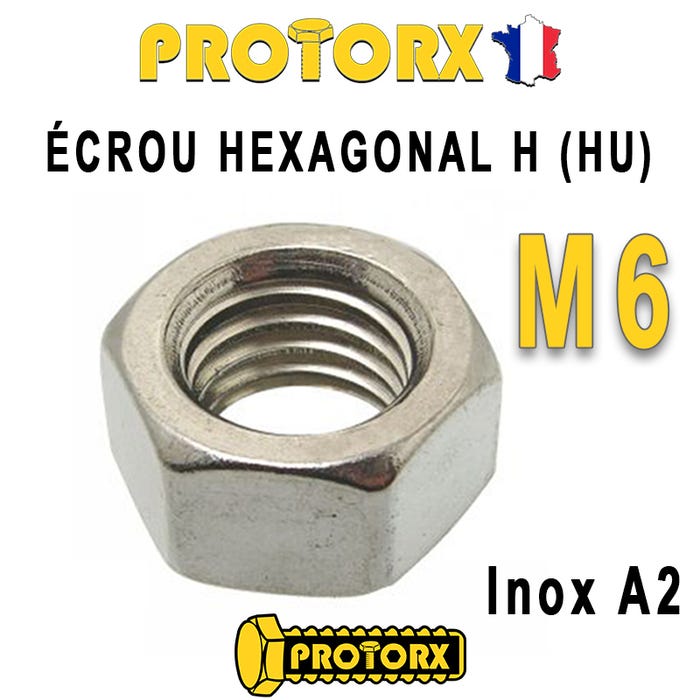 ÉCROU HEXAGONAL H (HU) : M6 x 10pcs | Acier Inoxydable A2 (Diam. Intérieur : 6mm | Diam. Extérieur : 10mm) Bricolage-Réparation Norme DIN934 NFE25514