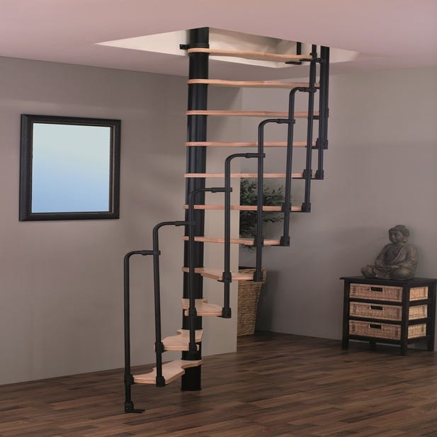HandyStairs escalier en colimaçon gain de place "Sampax" - 120x60 cm - hauteur 299 cm - 12 marches en hêtre - Noir