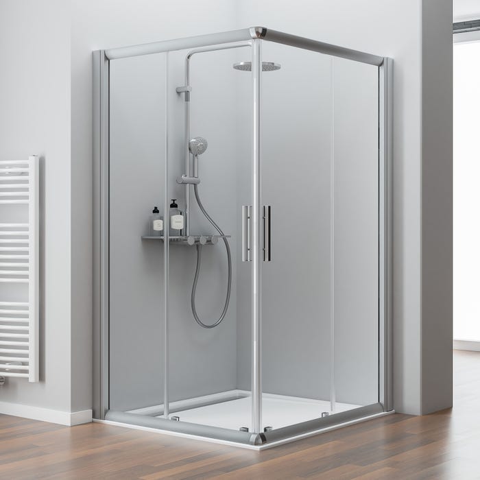 Schulte paroi de douche accès d'angle 90 x 90 x 185 cm droit avec portes de douche coulissantes, verre 6 mm anticalcaire, profilé blanc
