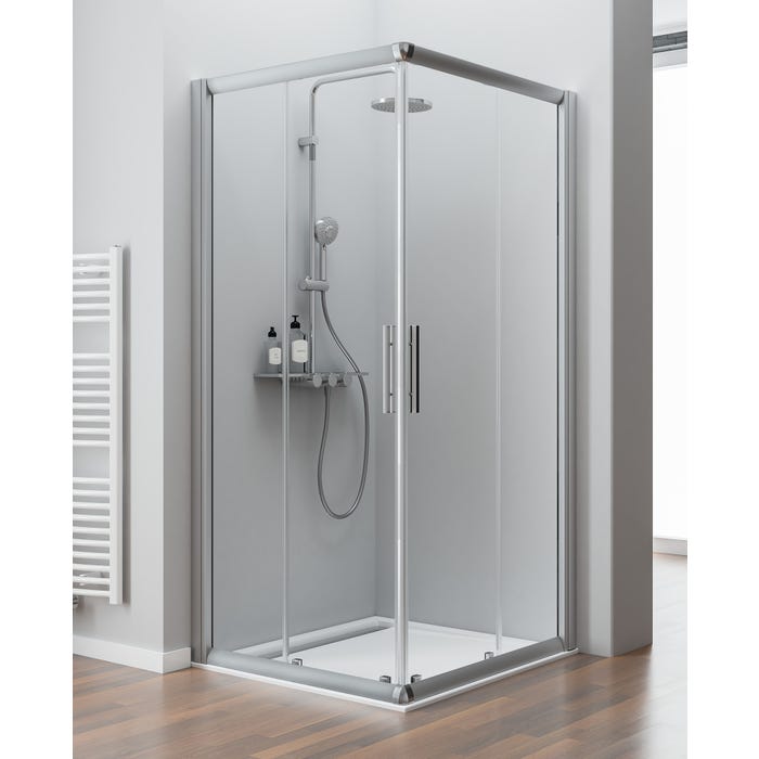 Schulte paroi de douche accès d'angle 90 x 90 x 185 cm droit avec portes de douche coulissantes, verre 6 mm anticalcaire, profilé blanc