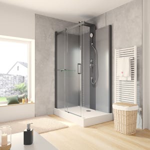 Schulte cabine de douche intégrale 120 X 80 cm, cabine de douche complète hydromassante, jets de massage, porte coulissante couleur noir-gris, Korsika