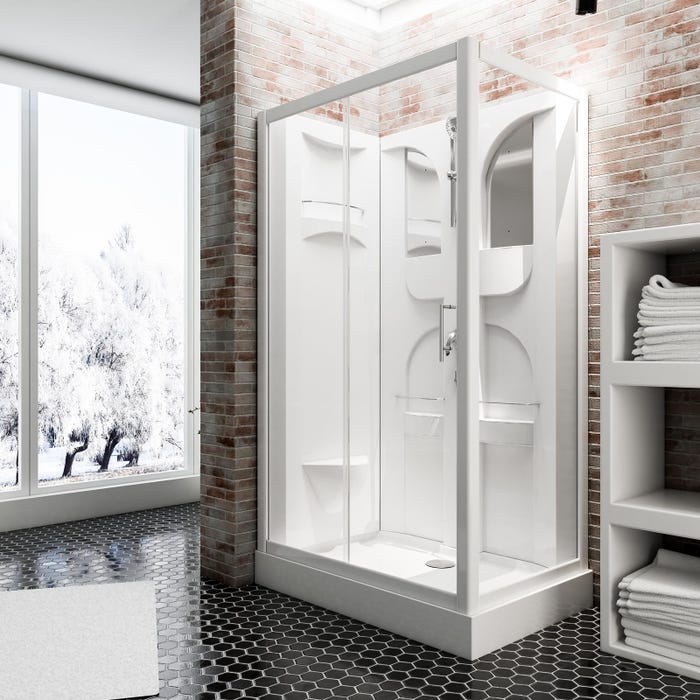 Schulte cabine de douche intégrale 120 x 80 x 210 cm, verre de sécurité transparent 5 mm, face arrière et profilés blancs, Malta