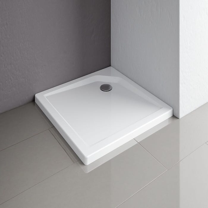 Schulte receveur de douche acrylique, 80 x 80 x 3,5 cm, effet blanc, carré, extra plat, à poser ou à encastrer, avec pieds, bac à douche