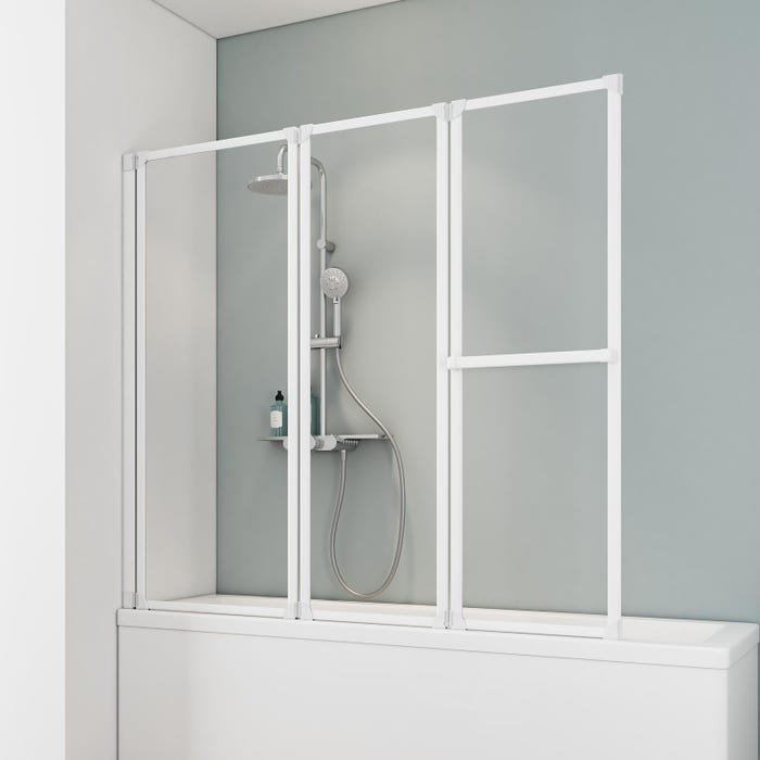 Schulte pare-baignoire rabattable 152 x 140 cm, paroi de baignoire 3 volets pivotant porte-serviette, verre transparent profilé blanc